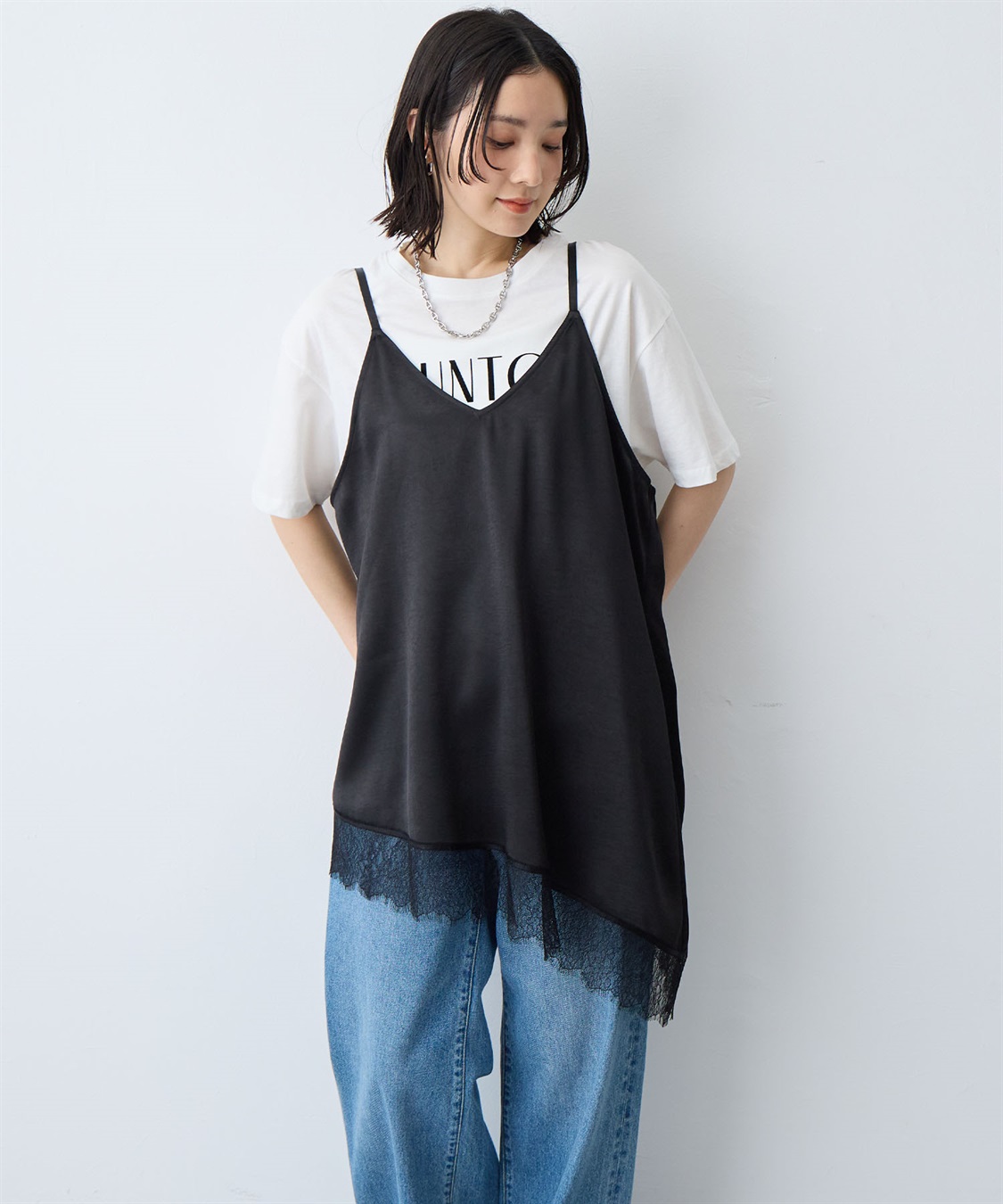 anyfee 【anyfee/大きいサイズ】サテンアシメレースキャミソール/チュニック（2026SS）_main