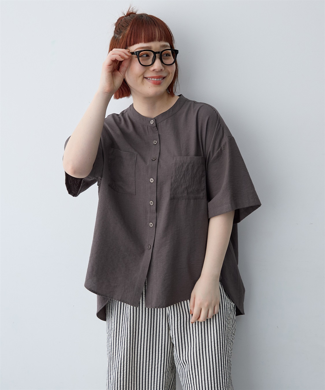 anyfee 【anyfee/大きいサイズ】ノーカラーゆるチュニックシャツ_main