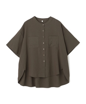 【anyfee/大きいサイズ】ノーカラーゆるチュニックシャツ(チャコール-LL)