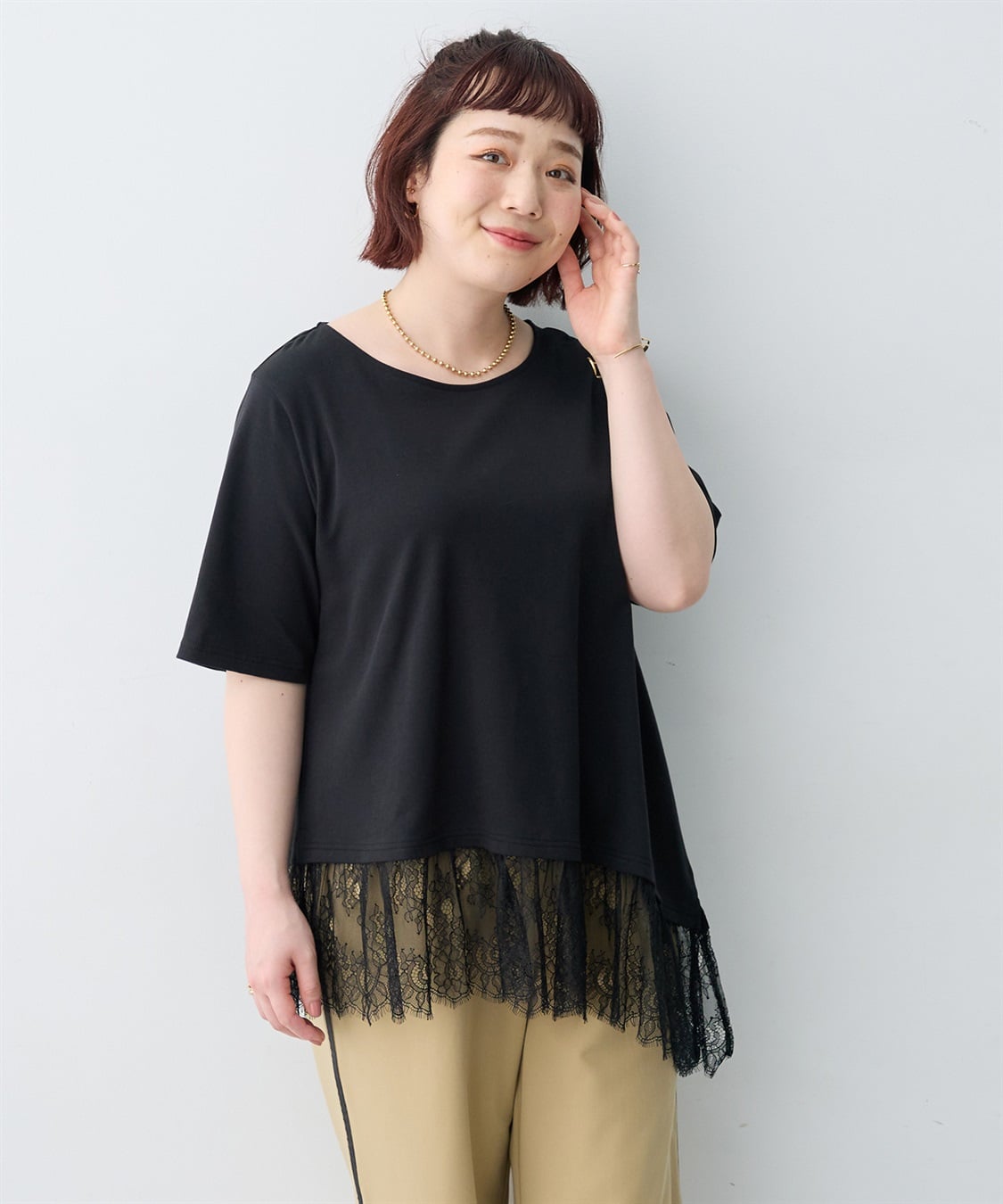 anyfee 【anyfee×HINAコラボ】アシンメトリー裾レースTシャツ《大きいサイズ》_variation_1