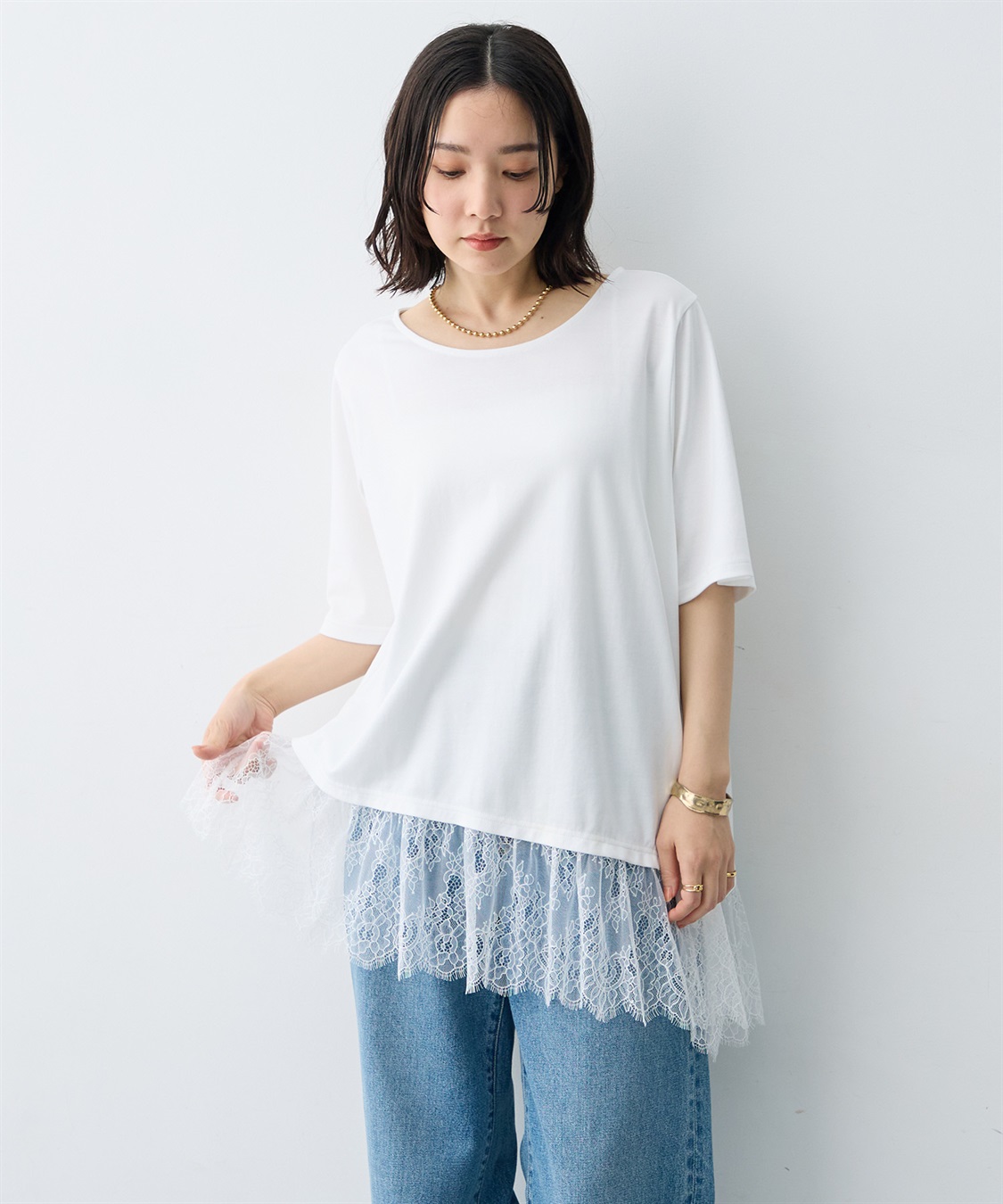 anyfee 【anyfee×HINAコラボ】アシンメトリー裾レースTシャツ《大きいサイズ》_variation_2