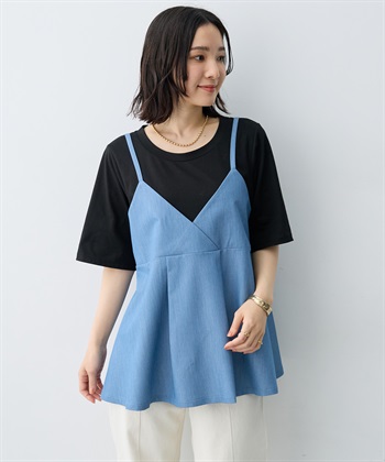 【anyfee×HINAコラボ】デニムライクビスチェレイヤード風Tシャツ《大きいサイズ》(ブラック-LL)
