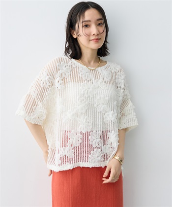 【anyfee×HINAコラボ】フラワーレースメッシュ半袖トップス《大きいサイズ》(アイボリー-LL)