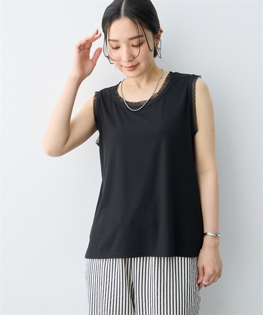 【送料込み】大人気！完売AMERI sale シアーノースリーブ オールインワン anyfee/大きいサイズ】シアーチュールトリミングノースリーブトップス