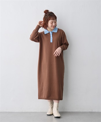 anyfee 【anyfee/大きいサイズ】ポロ襟配色デザインニットワンピース_variationthumb_2