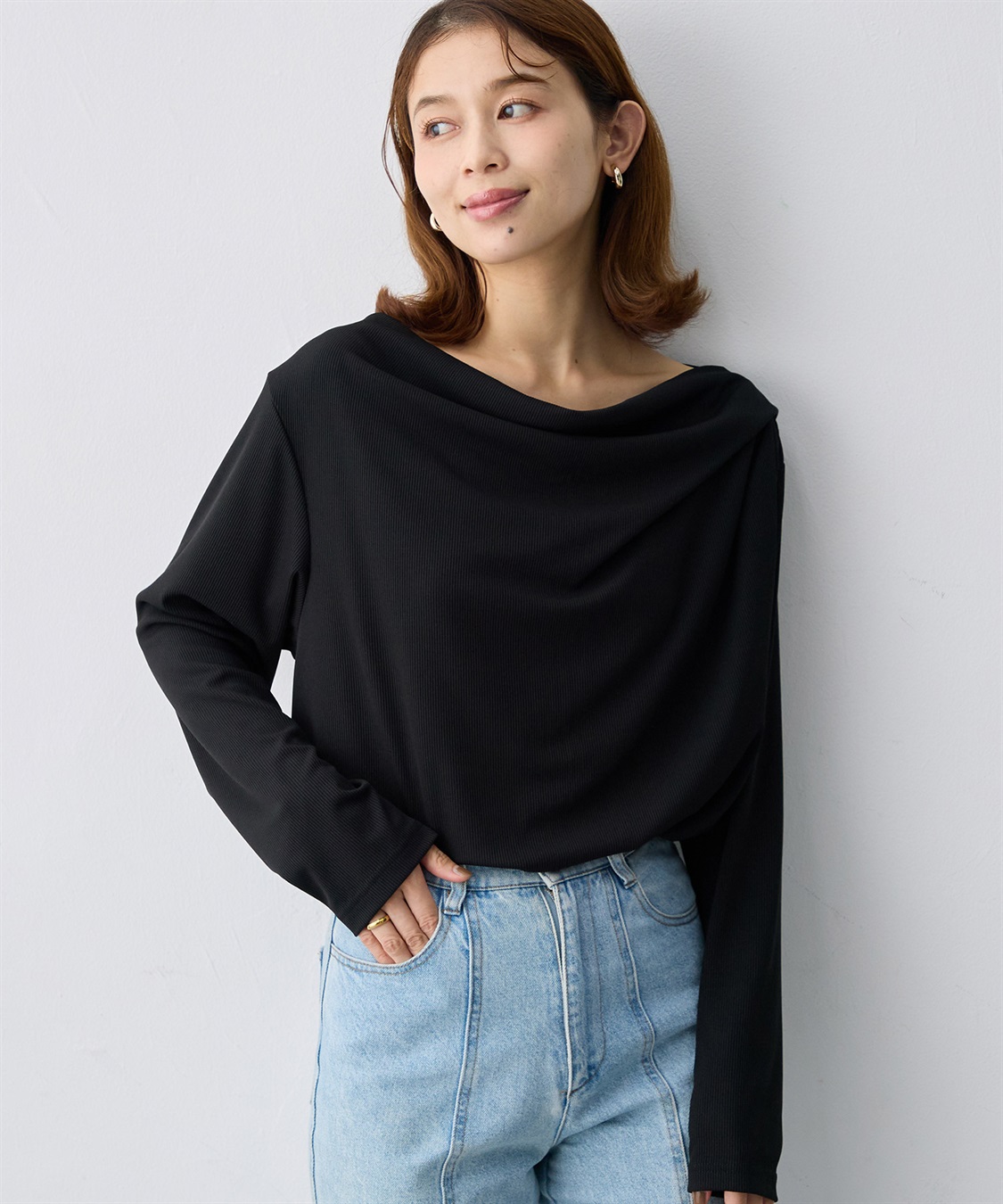 anyfee 【anyfee/大きいサイズ】リブドレープネック長袖Tシャツ（2026AW）_main