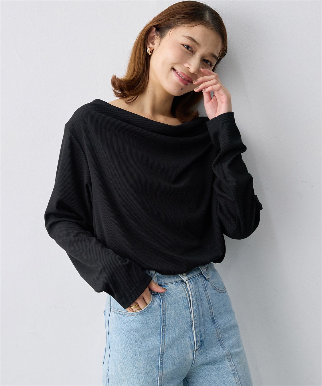anyfee 【anyfee/大きいサイズ】リブドレープネック長袖Tシャツ（2026AW）_variation_1