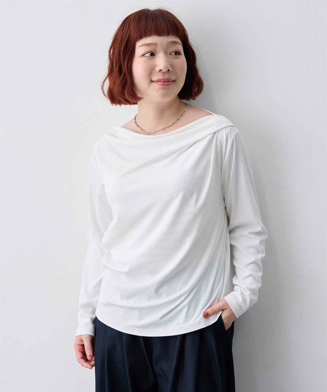 anyfee 【anyfee/大きいサイズ】リブドレープネック長袖Tシャツ（2026AW）_variation_2