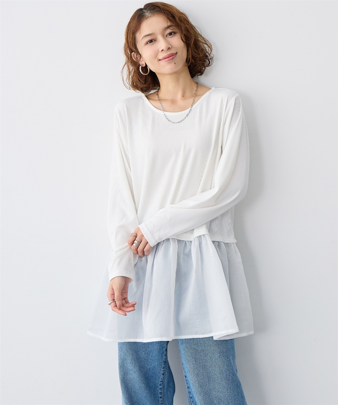 anyfee 【anyfee/大きいサイズ】シアードッキング長袖レイヤードTシャツ/チュニック《ニット別売り》_main