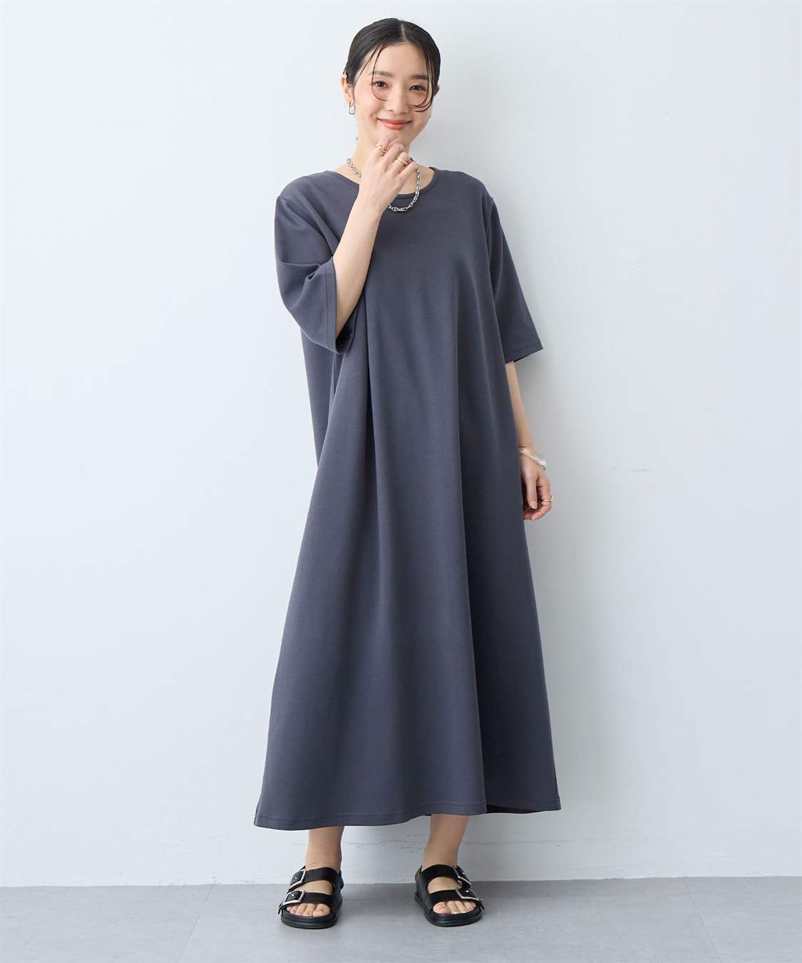 anyfee 【anyfee/大きいサイズ】着てサラなめらかポンチ素材Aラインワンピース《接触冷感・吸水速乾》_main