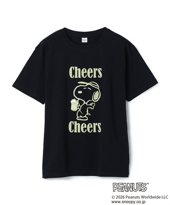 【PEANUTS/ピーナッツ】SNOOPY/スヌーピー『Cheers』プリント半袖Tシャツ(ネイビー-M)