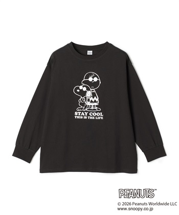 【PEANUTS/ピーナッツ】SNOOPY/スヌーピー＆ウッドストックフロッキープリントロンT◆別注◆(ブラック-M)