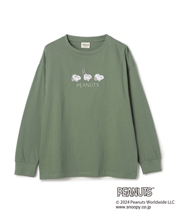 【PEANUTS/ピーナッツ】スヌーピー/SNOOPY  フロント刺繍デザインロンT(グリーン-Ｍ)