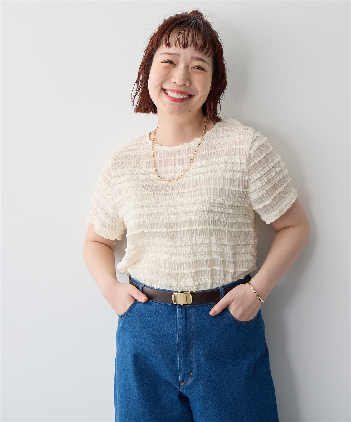anyfee/プラスサイズ】シアーシャーリングトップス anyfee