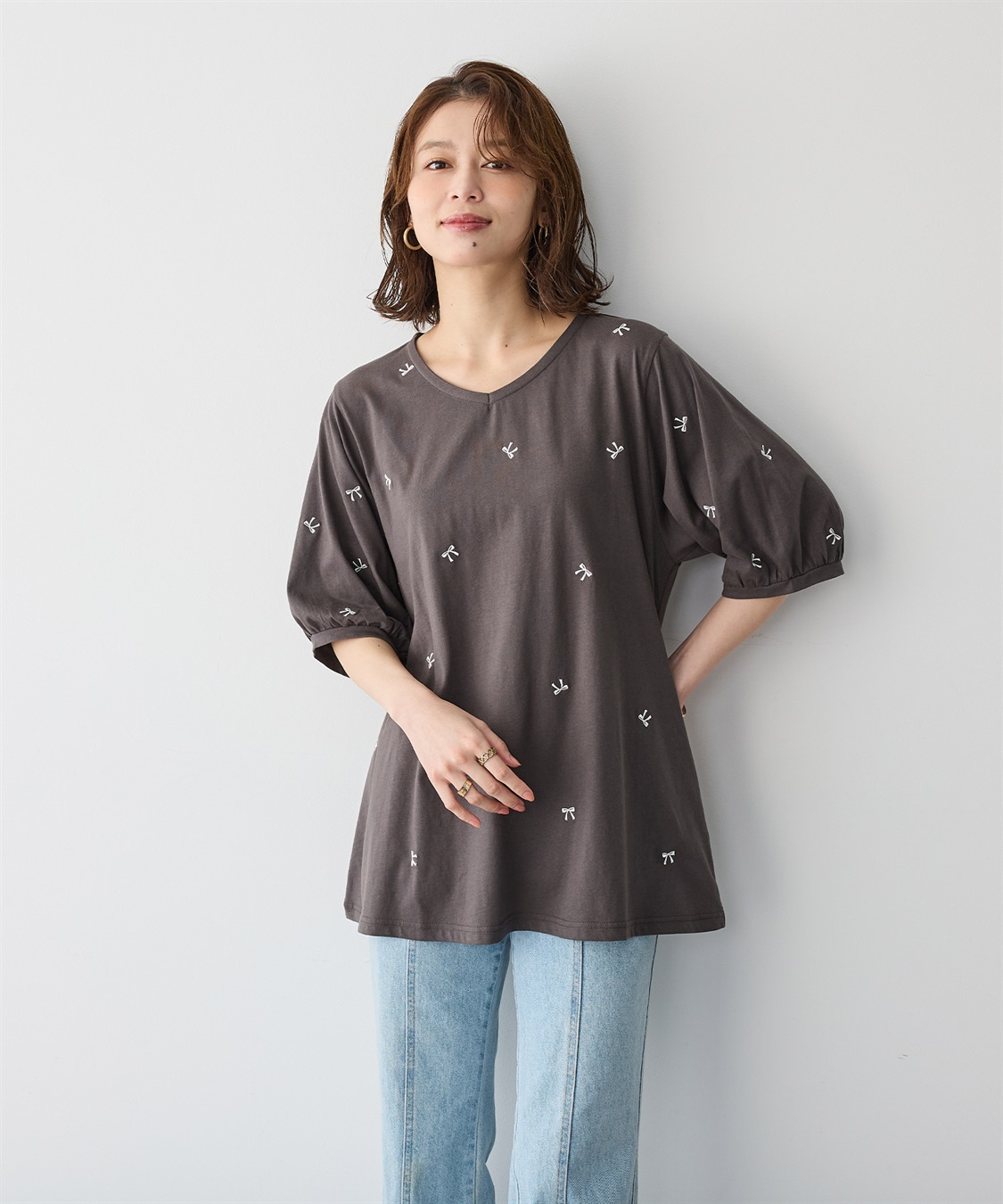 Life Style by cross marche 【anyfee/プラスサイズ】リボン刺繍Tシャツ_main