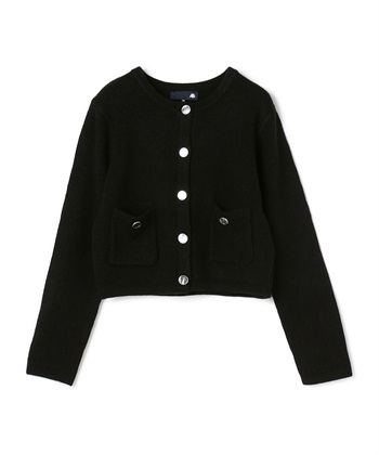 畦編みウール混クルーネックカーディガン(ブラック-36)