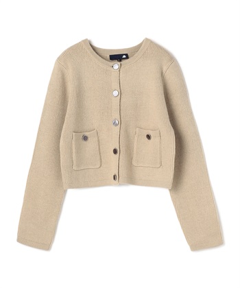 畦編みウール混クルーネックカーディガン(ベージュ-36)