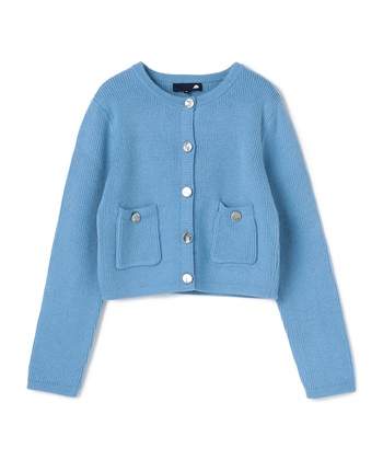 畦編みウール混クルーネックカーディガン(ブルー-36)