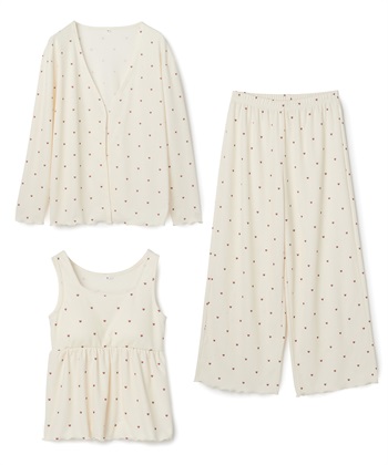 【LAFUKU/ラフク】カップ付きワッフルルームウェア3点SET◆新色・サイズ追加◆(ハートドット-S)