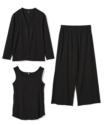 【LAFUKU/ラフク】カップ付きタンクトップルームウェア3点SET(ブラック-M)