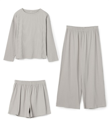 【LAFUKU/ラフク】リブテレコルームウェア3点セット（ロング丈＆ショート丈パンツ）(グレー-M)