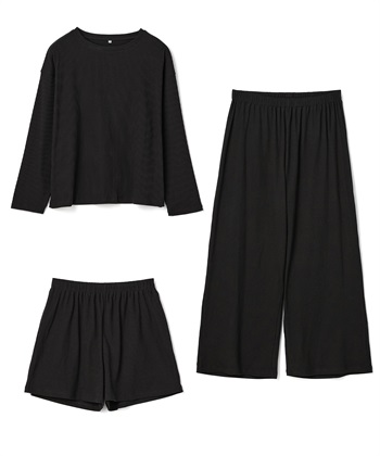 【LAFUKU/ラフク】リブテレコルームウェア3点セット（ロング丈＆ショート丈パンツ）(ブラック-M)