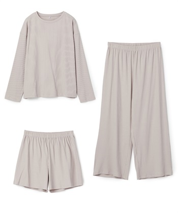 【LAFUKU/ラフク】リブテレコルームウェア3点セット（ロング丈＆ショート丈パンツ）(ピンク-M)