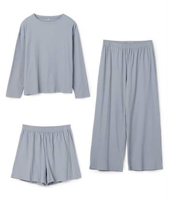 【LAFUKU/ラフク】リブテレコルームウェア3点セット（ロング丈＆ショート丈パンツ）(サックスブルー-M)
