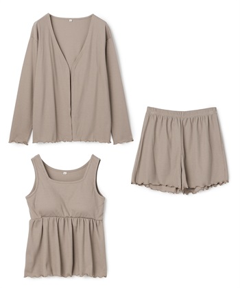 【LAFUKU/ラフク】カップ付きワッフルショートパンツ3点SET/ルームウェア(ベージュ-M)