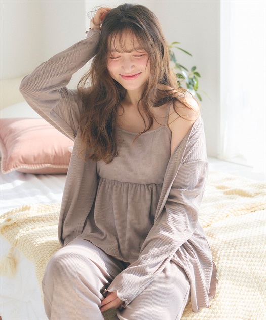 LAFUKU 【LAFUKU/ラフク】カップ付きワッフルキャミソール&amp;フレアパンツルームウェア3点SET