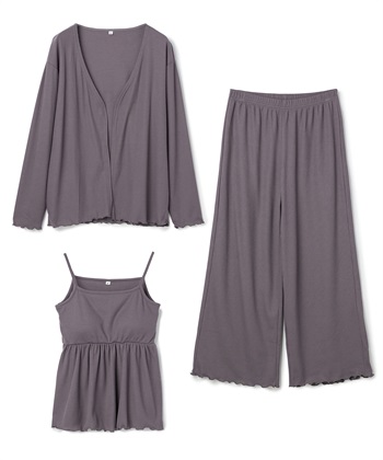 【LAFUKU/ラフク】カップ付きワッフルキャミソール&フレアパンツルームウェア3点SET(チャコール-M)