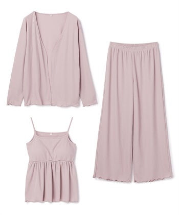 【LAFUKU/ラフク】カップ付きワッフルキャミソール&フレアパンツルームウェア3点SET(ピンク-M)