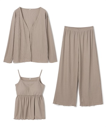 【LAFUKU/ラフク】カップ付きワッフルキャミソール&フレアパンツルームウェア3点SET(ベージュ-M)