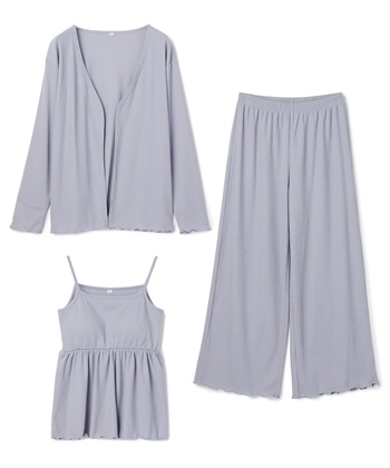 【LAFUKU/ラフク】カップ付きワッフルキャミソール&フレアパンツルームウェア3点SET(ブルー-M)