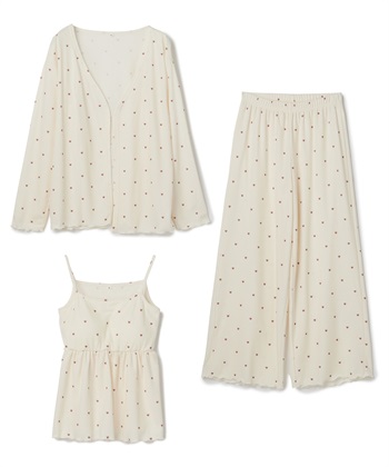 【LAFUKU/ラフク】カップ付きワッフルキャミソール&フレアパンツルームウェア3点SET(ハートドット-M)