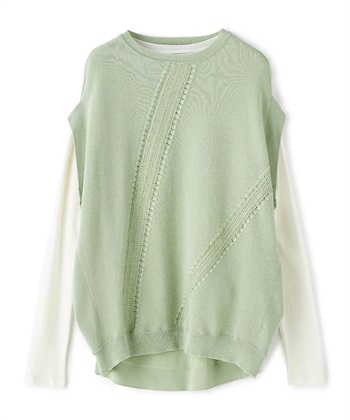 ノースリーブニット・長袖カットソー2枚セット(グリーン-36)