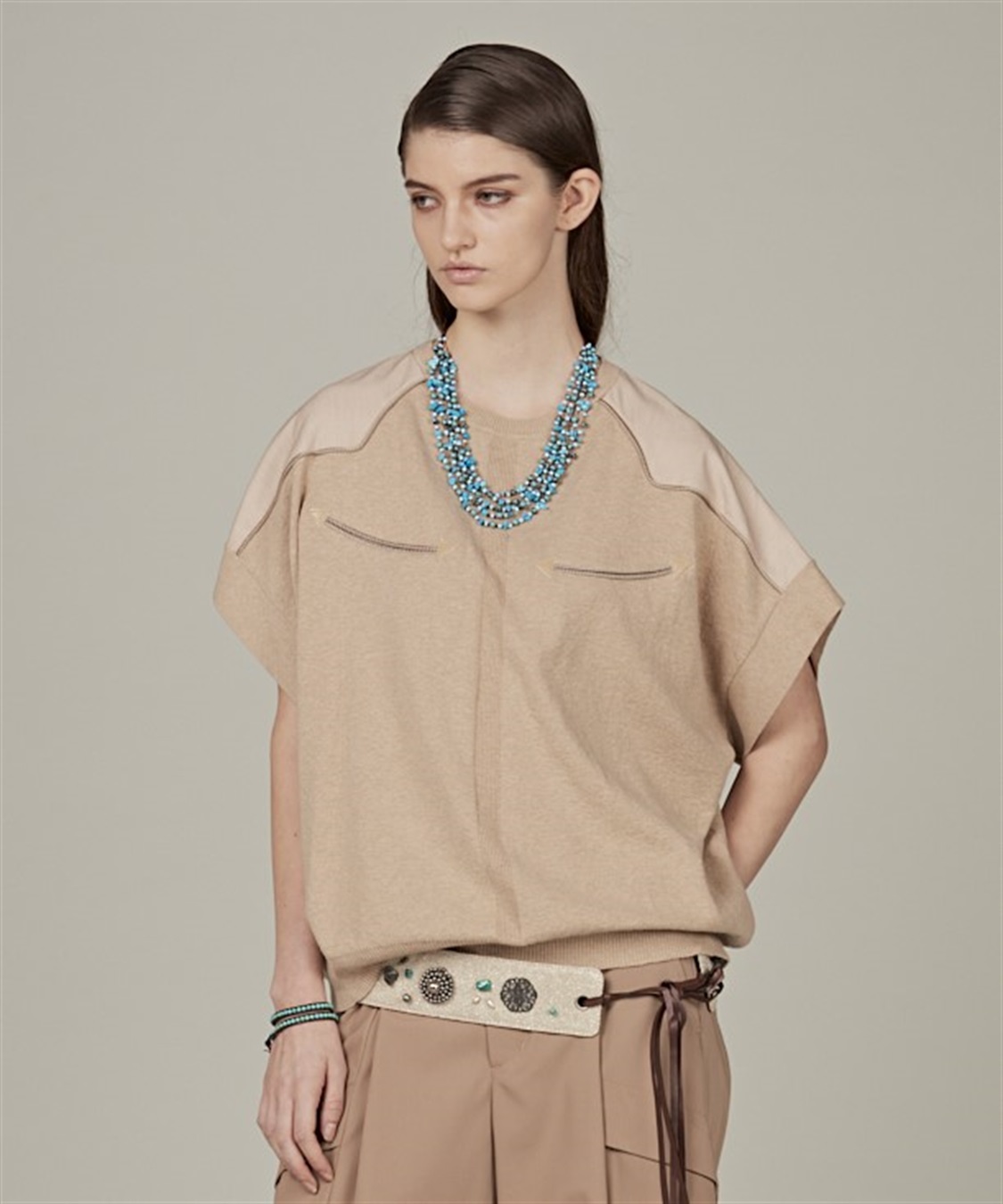 ATSURO TAYAMA 異素材切り替えコットン半袖ニット_main