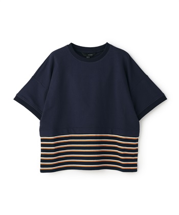 パネルボーダー柄半袖ニット(ネイビー-34)