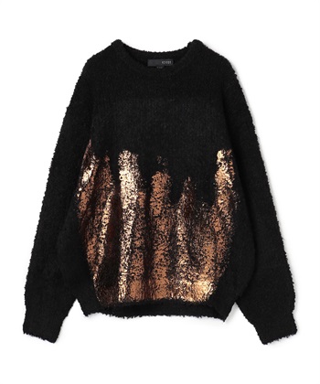 ループヤーン箔プリント長袖クルーネックニット(ブラック-36)