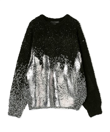 ループヤーン箔プリント長袖クルーネックニット(ブラック系-36)