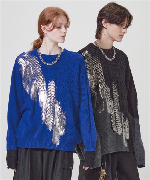 箔プリント編み柄ミックスセーター