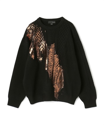 箔プリント編み柄ミックスセーター(ブラック-36)
