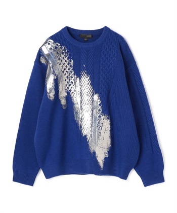 箔プリント編み柄ミックスセーター(ブルー-36)