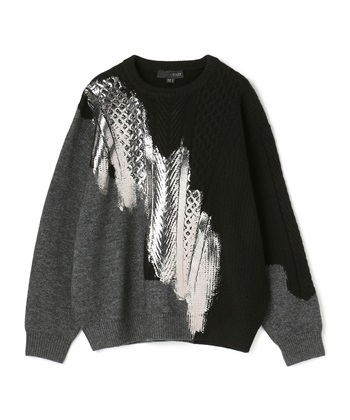 箔プリント編み柄ミックスセーター(ブラック系-36)
