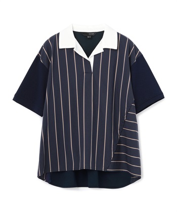 ストライプ半袖ポンチシャツ(ネイビー系-36)