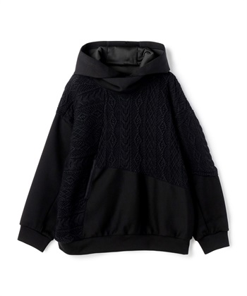 ケーブルニット切り替えスウェットフーディー(ブラック-36)