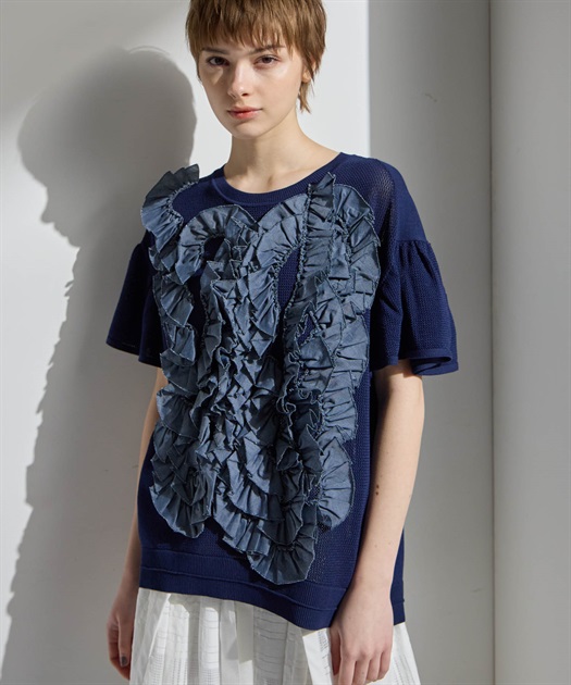 アセテートコットン半袖フリルプルオーバー