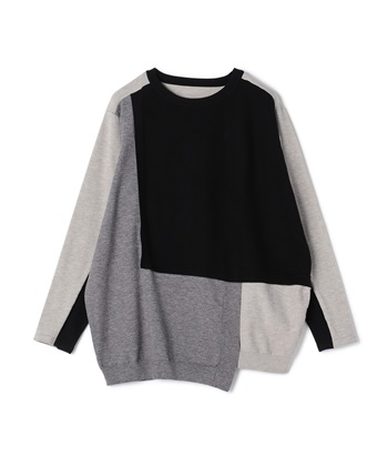 パッチワークデザイン長袖プルオーバー(ブラック-36)