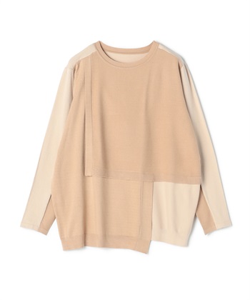 パッチワークデザイン長袖プルオーバー(ベージュ-36)