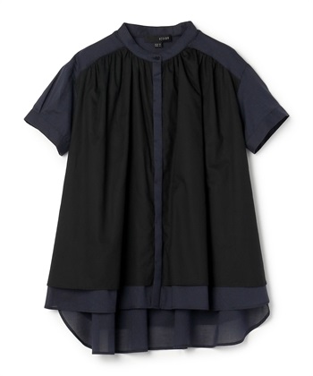 バンドカラーコットンフレアブラウス(ネイビー系-36)